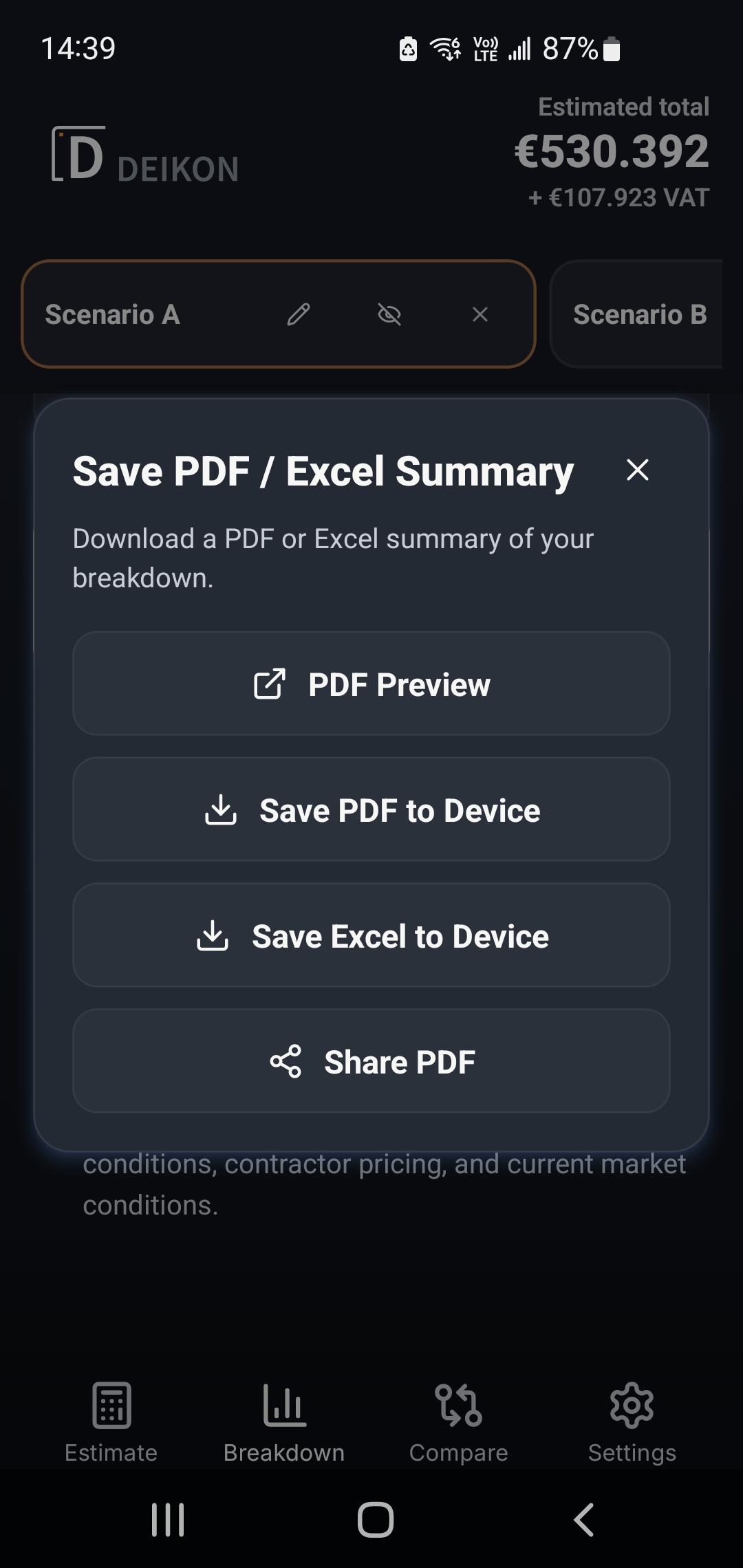 DEIKON mobile export options for previewing, saving, or sharing PDF and Excel project outputs